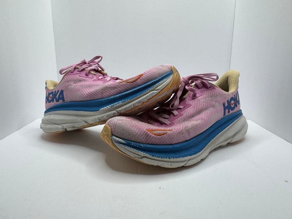 Hoka Clifton 9 Pink Blue Cushioned Running Shoes 8.5B
